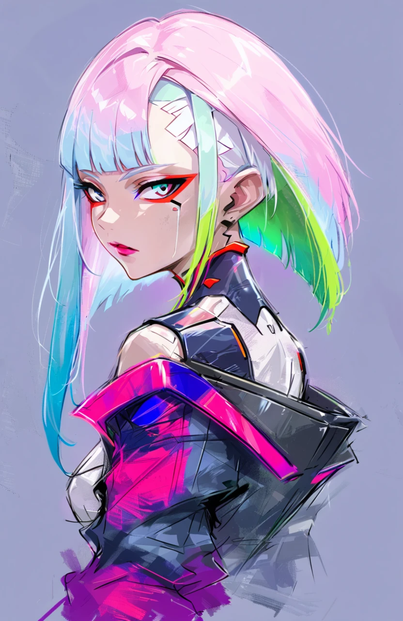 1girl, solo, lucy \(cyberpunk\), cyberpunk \(series\), asymmetrical hair, short hair, blue hair, green hair, pink hair, multicolored hair, blue eyes, eyeliner, eyeshadow, makeup,, rough color sketch style, concept design, rough sketch, color sketch, <lora:rough color sketch style:0.75>