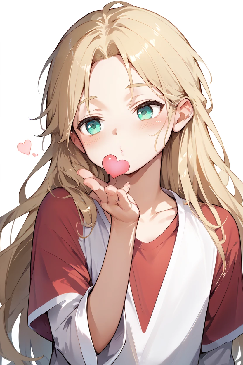 score_9, score_8_up, score_7_up, masterpiece, best quality, 1boy, solo, young boy, <lora:YeLimingPony:1>, solo, aqua eyes, blonde hair, long hair, pajama, white clothes, upper body, red t-shirt, <lora:FrierenBlowingKissMeme_XLPD:0.8> IncrsBlowingKiss, heart, blowing kiss