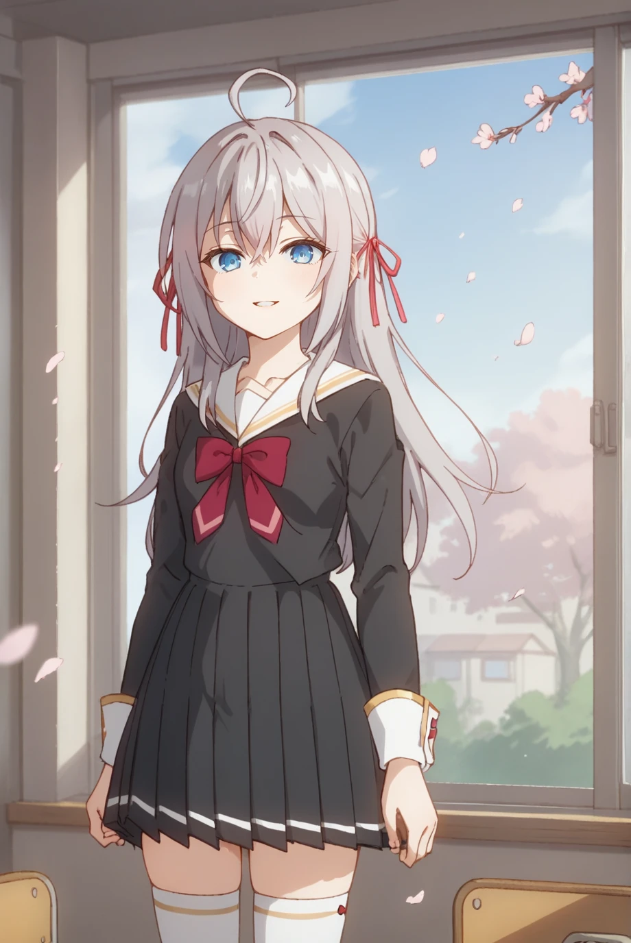 score_9, score_8_up, score_7_up, score_6_up, score_5_up, score_4_up, BREAK source_anime, 1girl, solo,
<lora:MikhailovnaXL-v1-07:0.7>, ChopioAlisa, grey hair, long hair, ahoge, hair between eyes, crossed bangs, hair ribbon, blue eyes, looking at viewer,
outfit_1, white sailor collar, black dress, bowtie, long sleeves, sleeve cuffs, pleated skirt, white thighhighs, zettai ryouiki,
classroom, standing, smile, parted lips, open window, cherry blossoms, wind, floating hair,