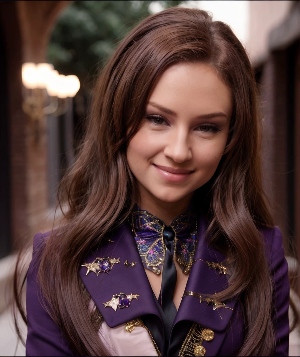 cinematic photo <lora:quiron_Amy Reid_v010330_Lora:0.77> amyReidQuiron, 1girl, long hair, realistic, solo, looking at viewer, jewelry, smile ,  ,purple tuxedo, ,   . 35mm photograph, film, bokeh, professional, 4k, highly detailed