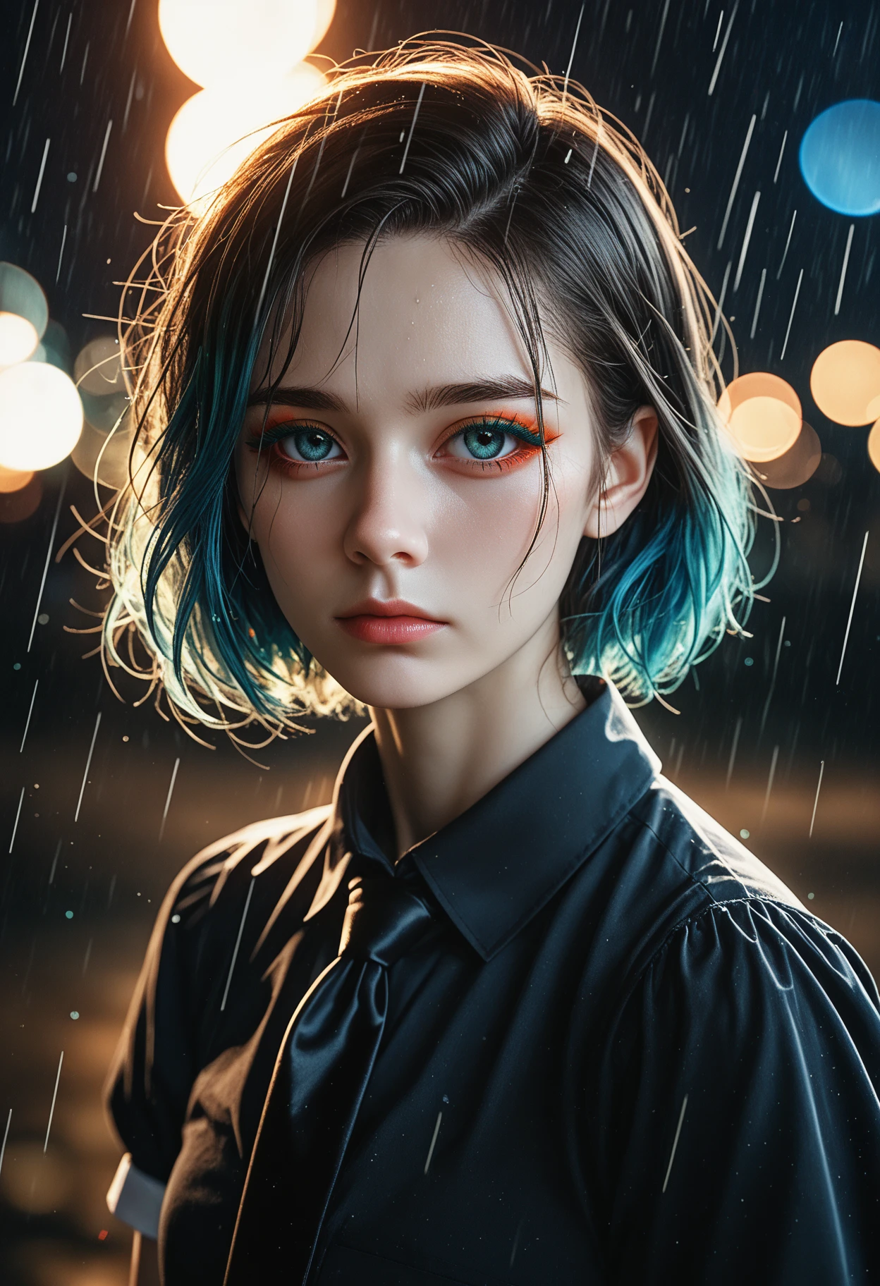 portrait,1girl,hskdmnd,crystal hair,colored eyelashes,multicolored hair,short hair,black shirt,puffy short sleeves,collared shirt,black necktie,white elbow gloves,looking at viewer,expressionless,dark background,rain,, cinematic film still,score_9,score_8_up,score_7_up,dramatic lighting,(realistic:1.3),highly detailed,high budget,bokeh,cinemascope,moody,epic,gorgeous,film grain,grainy,masterpiece,best quality,perfect anatomy,very aesthetic,official art,8k,