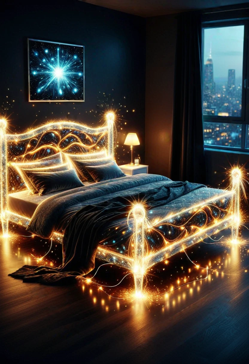 3N3RGY, bed made of electricity and sparkle, set in a bedroom at night, ,Masterpiece,best quality, photo, realistic, very aesthetic