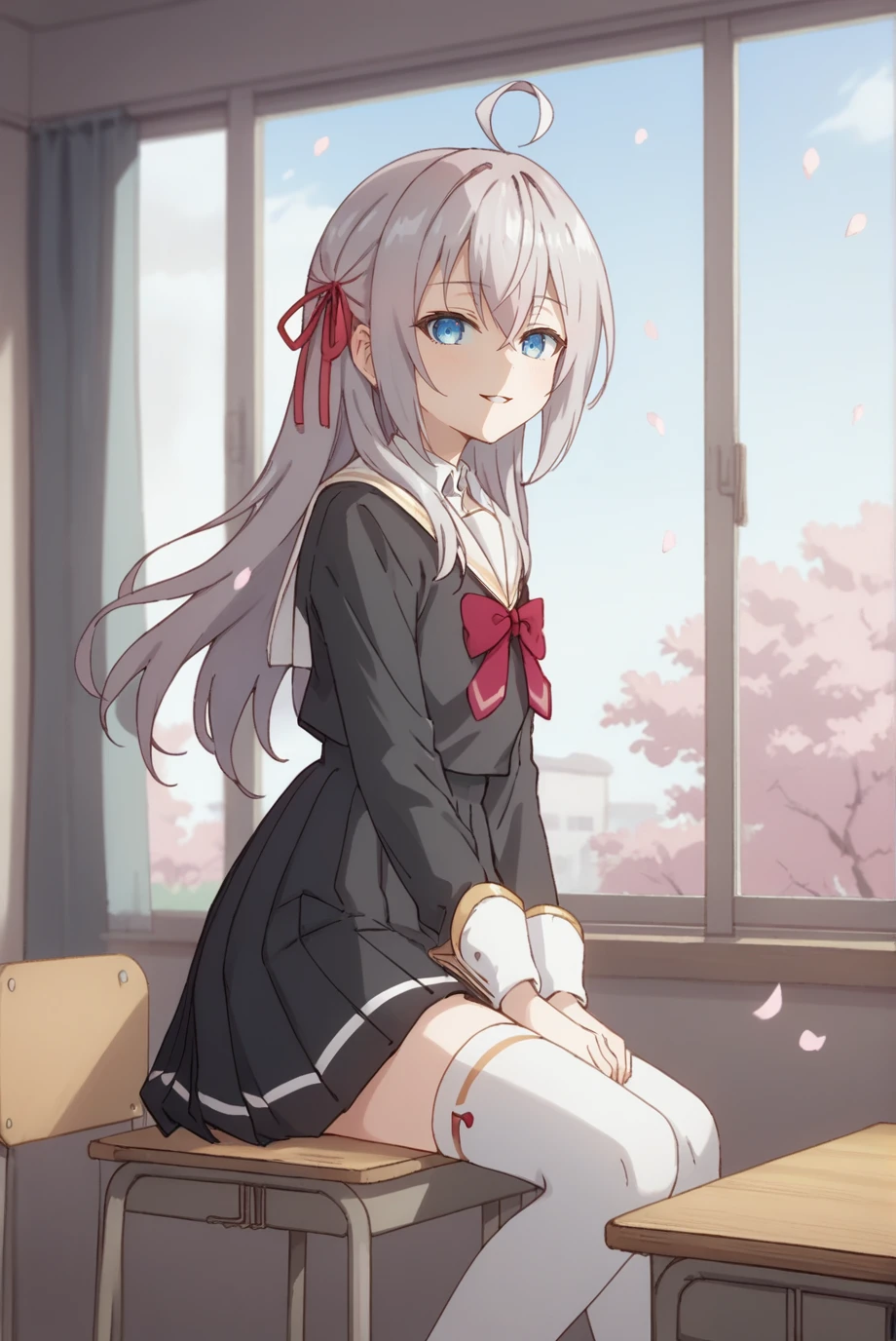 score_9, score_8_up, score_7_up, score_6_up, score_5_up, score_4_up, BREAK source_anime, 1girl, solo,
<lora:MikhailovnaXL-v1-07:0.7>, ChopioAlisa, grey hair, long hair, ahoge, hair between eyes, crossed bangs, hair ribbon, blue eyes, looking at viewer,
outfit_1, white sailor collar, black dress, bowtie, long sleeves, sleeve cuffs, pleated skirt, white thighhighs, zettai ryouiki,
classroom, sitting, smile, parted lips, open window, cherry blossoms, wind, floating hair, from side,