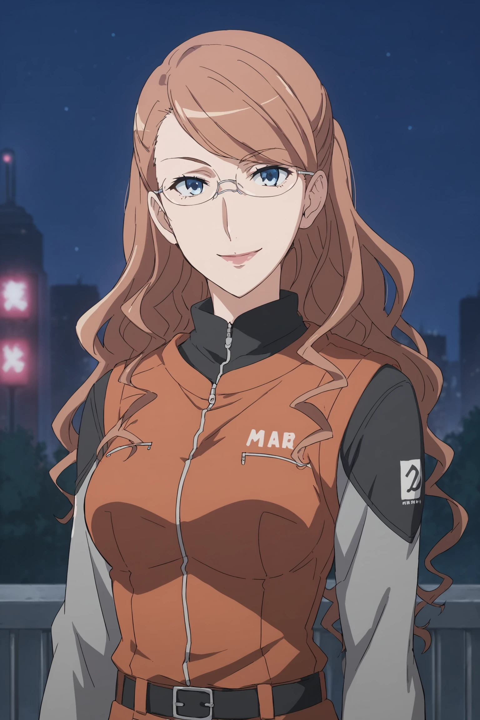 therestina kihara lifeline, brown hair, long hair, wavy hair, blue hair, glasses, thterestinamar, long sleeves, grey shirt, orange vest, black gloves, fingerless gloves, black belt, grey pants, <lora:Therestina_Kihara_Lifeline:0.8>, score_9, score_8_up, score_7_up, score_6_up, score_5_up, source_anime, rating_safe, medium breasts, outdoors, city, (night:1.4), 1girl, solo, looking at viewer,  <lora:age_slider_v4:3>, smile, (dynamic pose:1.2), (upper body:1.2)