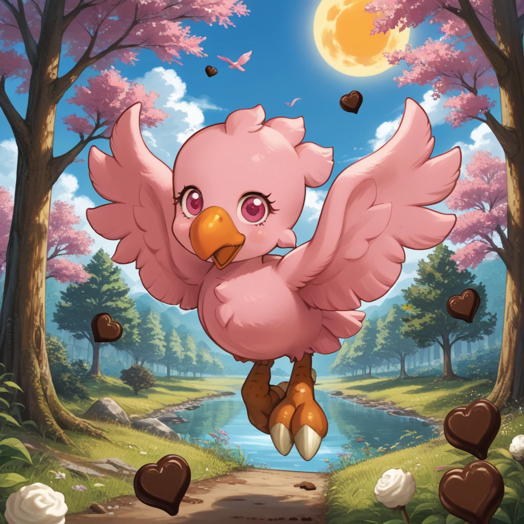 score_9, score_8_up, score_7_up, source_anime BREAK
forest, cotton candy trees, sky, sun, chocolate river
ch0c0b0, light pink feathers, orange beak, pink eyes, light pink wings, light pink tailfeathers, bird feet, white talons, light pink bird tail, chibi, bird, (eyelashes:1.2), female, pink ribbon
flying, floating, happy, wings spread
 <lora:Cute_Chocobo:1>
detailed background, beautiful scenery
<lora:add-detail-xl:1>