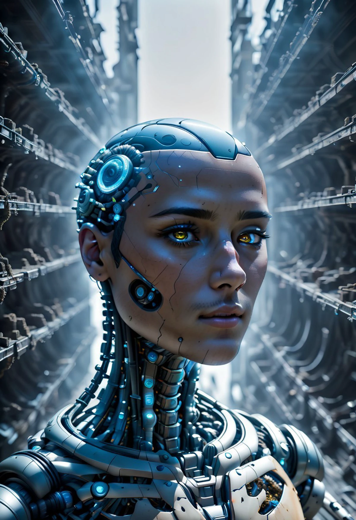 realistic image with morning high quality on the subject of the world ruled by artificial intelligence in the future, visualization of the life of people ruled by AI