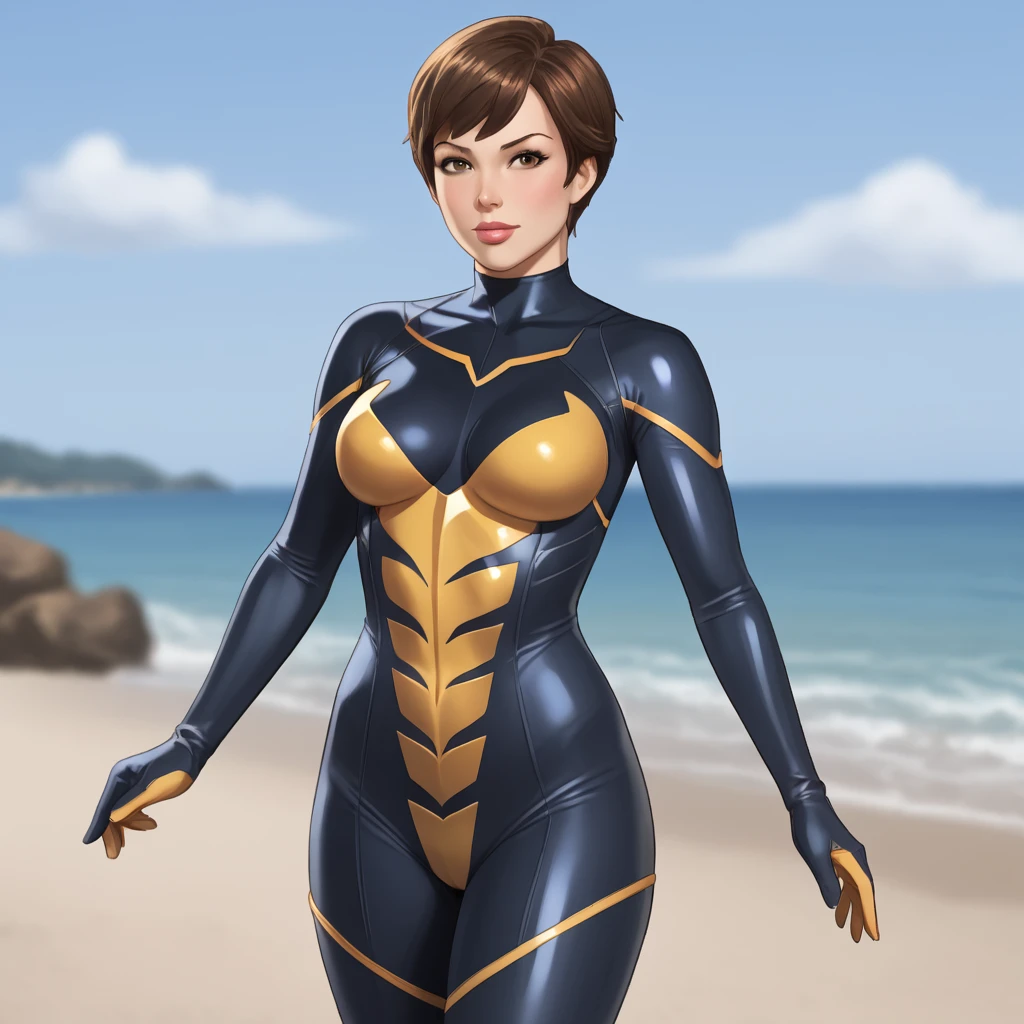 <lora:wasp_pony_v1:.7> waspjanet, 1girl, short hair, bodysuit, medium breasts, brown hair, brown eyes, lips, cowboy shot