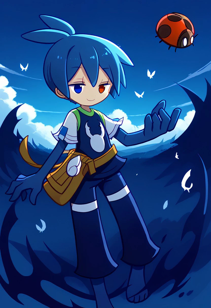 score_9, score_8_up, score_7_up, source_anime, solo, 
1boy, Black Sig, sigbk, (/Puyo Puyo)/, (ultra HD quality details), dark blue hair, straight hair, short hair, hair antennae, (heterochromia, blue eyes, red eyes), dark ((blue arms, dark blue feet, dark blue legs:1.2)),
Dark blue shirt, short sleeves, white sleeves, green edge, pants, dark capri pants,
smile, sky, cloud, bug, ladybug, blob