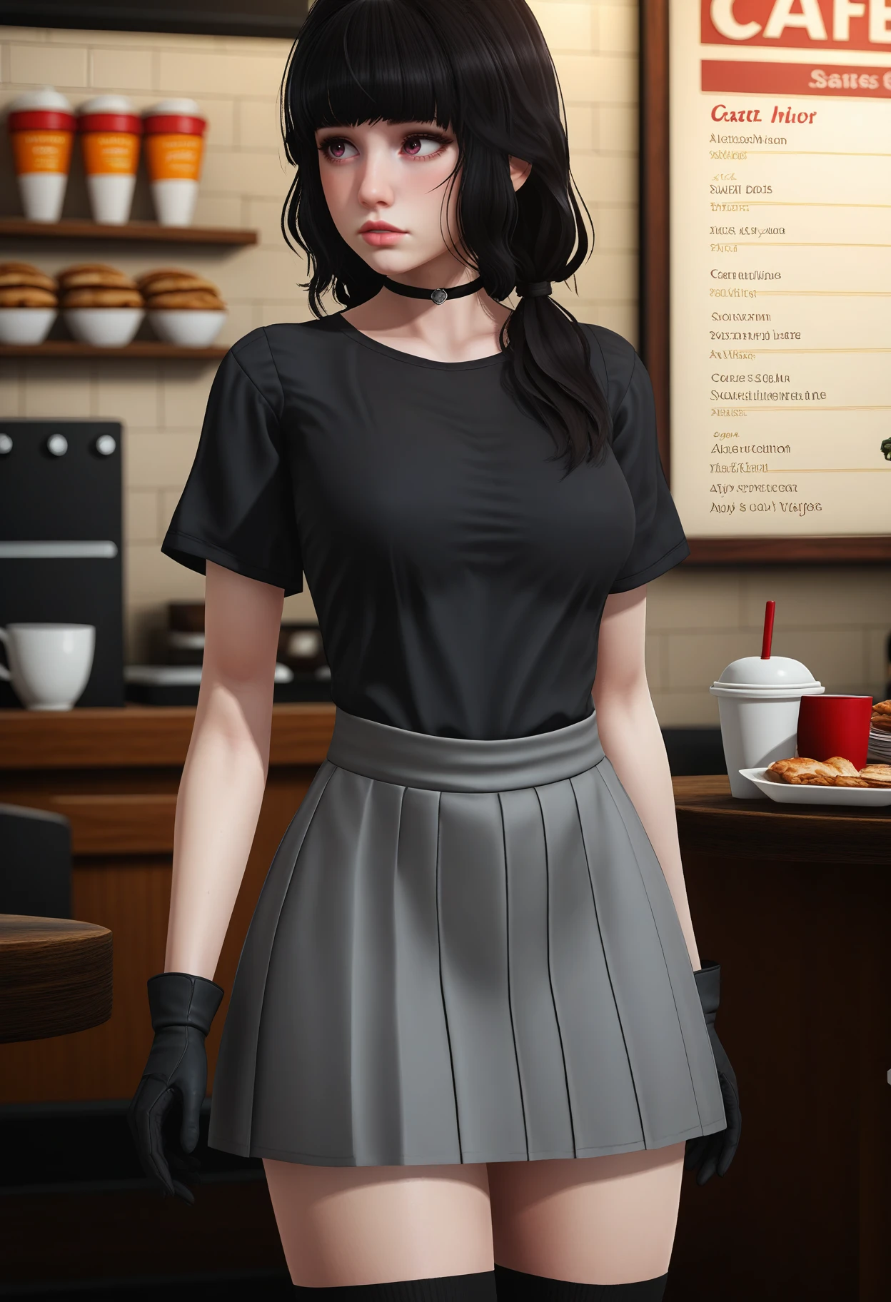 score_9, score_8_up, score_7_up,
1girl, solo, black shirt:t-shirt:short sleeves:shirt tucked in, grey skirt, thighhighs, black choker, black gloves. low twintails.
indoors, cafe, wall, menu, wide shot, looking ahead, facing to the side, arms at sides, thighs, depth of field,
<lora:Dark_Luna_Pony_v1.0:0.8> d4rklun4,