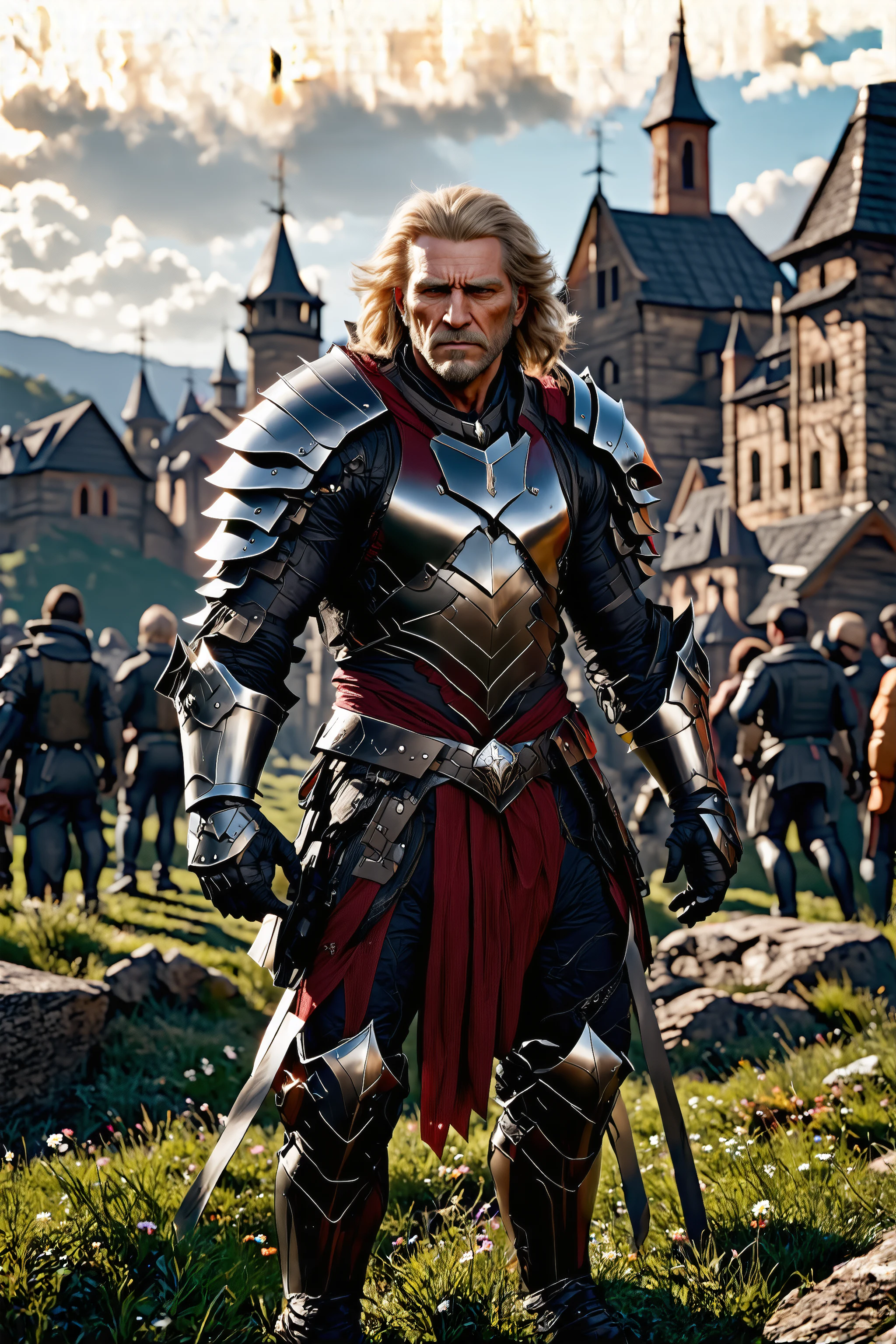 Extreme long shot, photorealistic 8k raw photography, (old man in warm brown hdsrmr armor:1.3), absurdly long hair, (medium blonde curly hair:1.2), intricate details, skinny physique, (dynamic stance:1.3), fiery aura, insane color palette, old monasteries on hilltops background full of busy people, shimmering reflections, (mysterious lighting:1.2), intriguing setting, captured with a Canon EOS R5, 85mm f/1.2 lens, vivid details, rich contrasts, dramatic shadows, high clarity