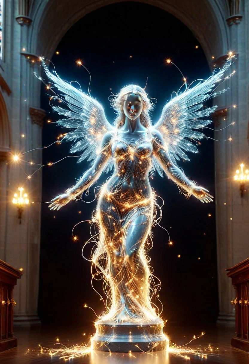 3N3RGY, angel statue made of electricity and sparkle, set in a church, ,Masterpiece,best quality, photo, realistic, very aesthetic