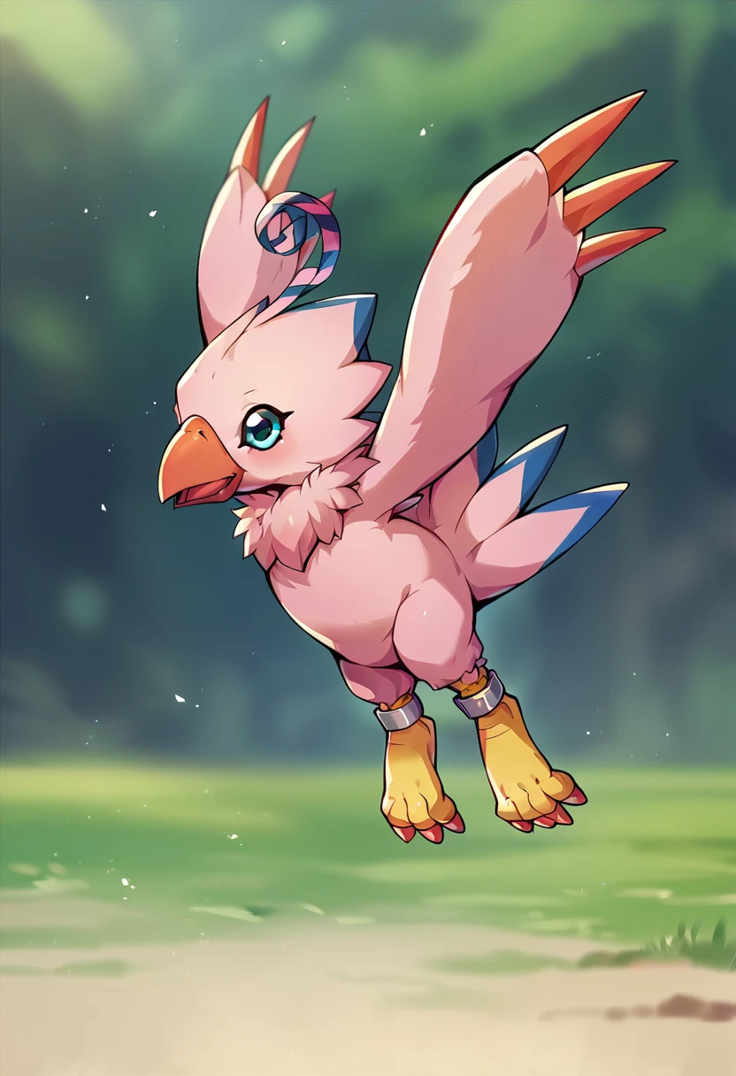 score_9, score_8_up, score_7_up, score_6_up, source_furry, solo, dof, full-length portrait, feral, blurred background,  <lora:DIGIMON_BIYOMON:1> biymon, digimon (creature), ankle bracelet, beak, bird, avian, flying