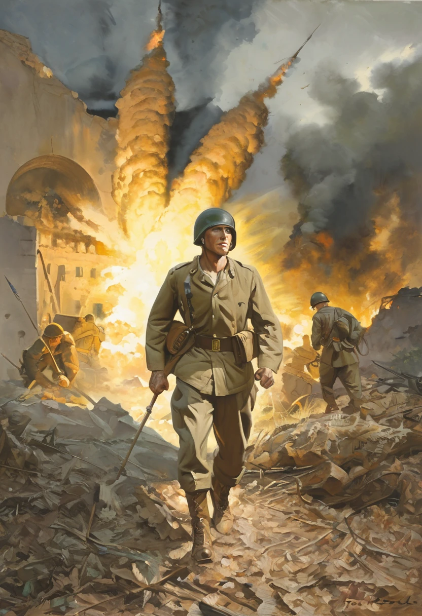 a painting, by Tom Lovell, a soldier in world war II, facing viewer, wearing a helmet and battle fatigues, walking, an explosion in background, highly detailed