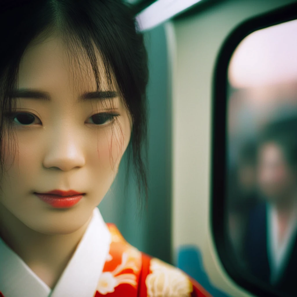 cinematic film still of Kodak Motion Picture Film: (Sharp Detailed Image) An Oscar winning movie for Best Cinematography a woman in a kimono standing on a subway train in Japan Kodak Motion Picture Film Style, shallow depth of field, vignette, highly detailed, high budget, bokeh, cinemascope, moody, epic, gorgeous, film grain, grainy
