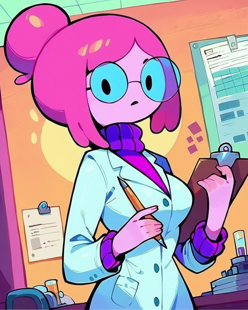 score_9, score_8, 1girl, solo, Bonnibel, pink hair, pink skin, hair bun, labcoat, purple sweater, turtleneck, round glasses, standing, holding clipboard and pen, looking at viewer, detailed background, dynamic angle, indoors, laboratory, <lora:Bubblegum_PDXL:1>