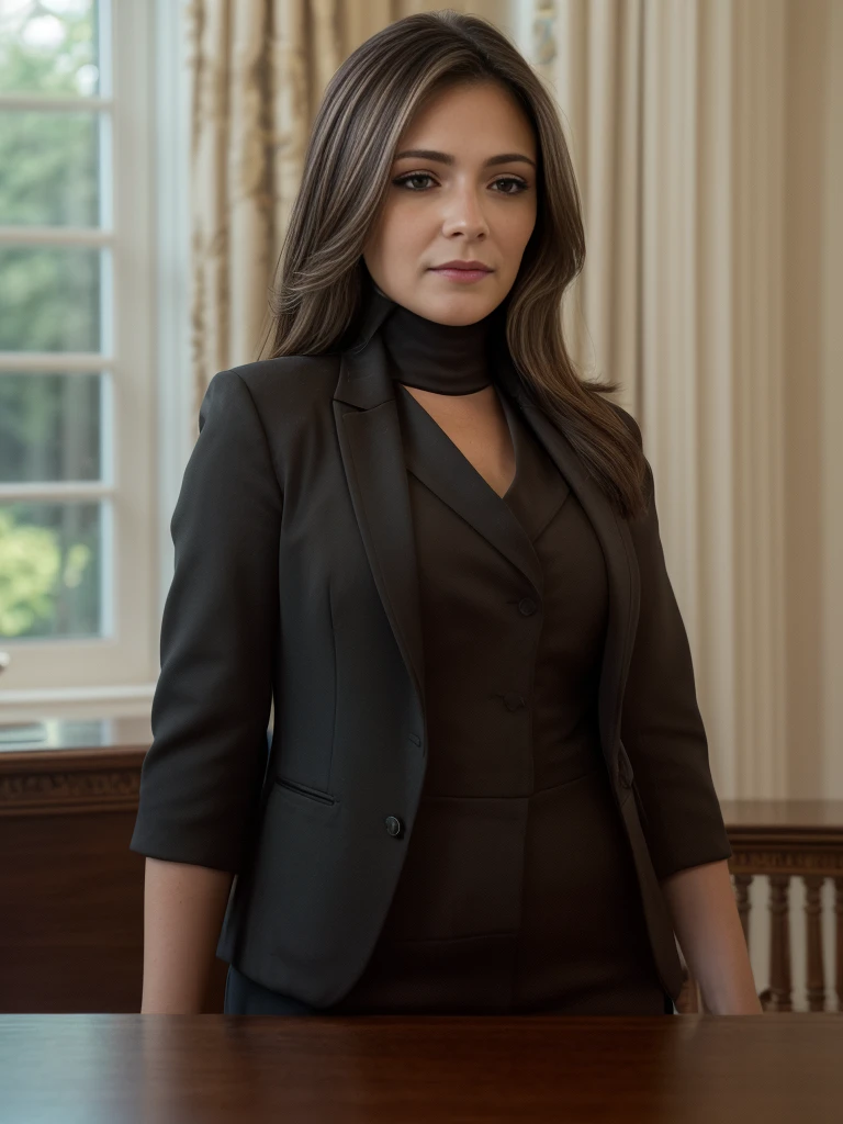 (RAW, analogue, Nikon Z 14mm ultra-wide angle lens, award-winning glamour photograph, ((best quality)), ((masterpiece)), ((realistic)), skin pores, subsurface scattering, radiant light rays, high-res, detailed facial features, high detail, sharp focus, smooth, aesthetic, extremely detailed, (extremely detailed eyes, extremely detailed iris), extremely detailed hair, extremely detailed skin, extremely detailed clothes, octane render, photorealistic, realistic, post-processing, max detail, realistic shadows, roughness, natural skin texture, real life, ultra-realistic, photorealism, photography, 8k UHD, photography, hdr, intricate, elegant, highly detailed, sharp focus, stunning, beautiful, gorgeous), (photorealistic), (realistic), it41i4 in a high neck blouse, (black blazer1.2), standing in front of a desk, full body, brown hair with blonde highlights, brown eyes, indoors, oval office, white house, windows, upper body, morning, bright, photorealistic, realistic, detailed eyes, intricate face, high contrast, <lora:Italia_Ricci_PMv1b_LoCon_768:1.3>