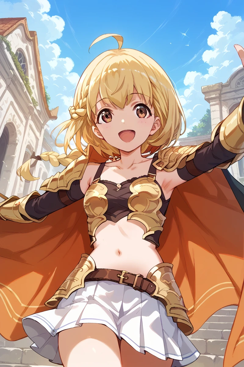 score_9, score_8_up, score_7_up, score_6_up, 1girl,
 <lora:Michiru_Otori:0.9> michiru, blonde hair, ahoge, skirt, smile, navel, looking at viewer, breasts, pleated skirt, collarbone, white skirt, brown eyes, braid, cape, open mouth, skirt, armor, sky, day