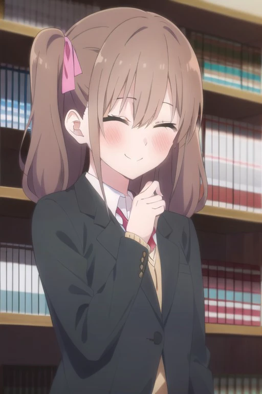 (masterpiece), mikari tachibana, 1girl, closed eyes, brown hair, solo, blush, school uniform, bookshelf, ribbon, twintails, hair ribbon, bow, jacket, smile, library