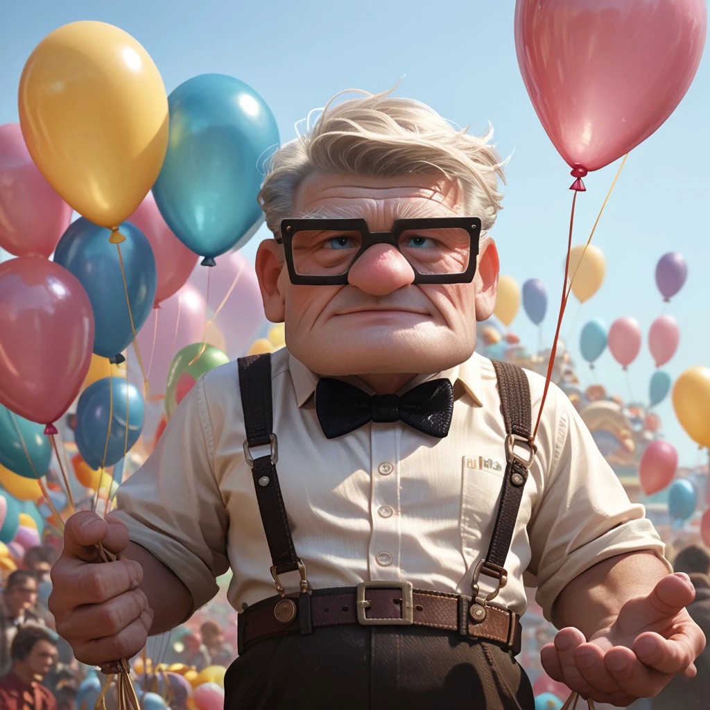 score_9, score_8_up, score_7_up, score_6_up, score_5_up, score_4_up, 1boy, CarlFred, surrounded by balloons, solo, suspenders, bowtie