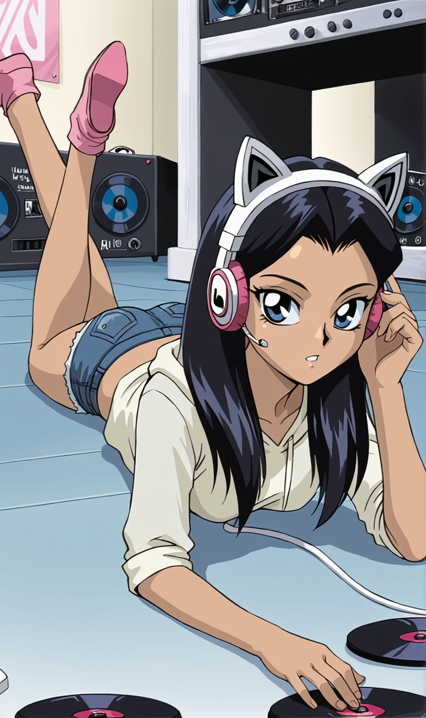 II, 1girl, solo, black hair, bleu eyes, lying on stomach, on floor, legs up, grey hoodie, short jeans, wearing pink cat ear headphones, holding vinyl record, vinyl records, vinyl on floor, bedroom, tan skin, retro artstyle, <lora:Ishizu Ishtar Pony XL:0.7>