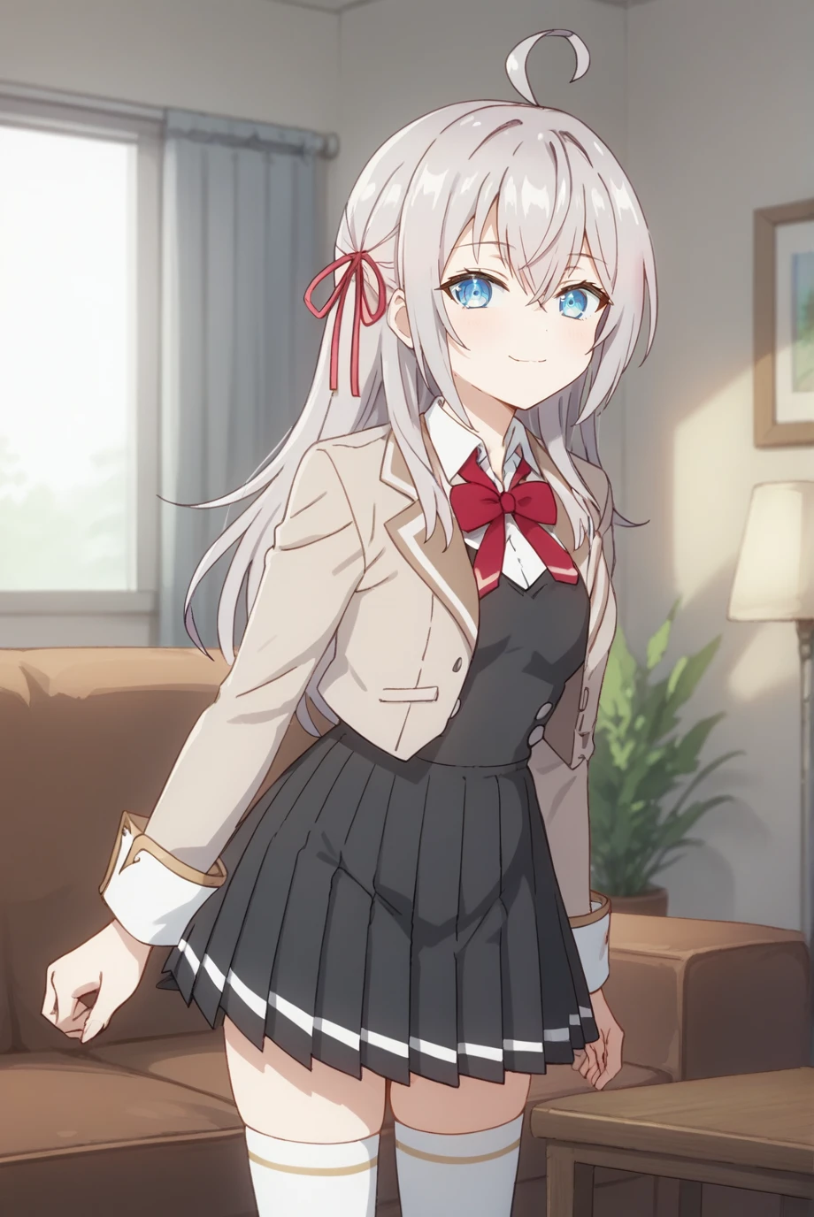 score_9, score_8_up, score_7_up, score_6_up, score_5_up, score_4_up, BREAK source_anime, 1girl, solo,
<lora:MikhailovnaXL-v1-07:0.7>, ChopioAlisa, grey hair, long hair, ahoge, hair between eyes, crossed bangs, hair ribbon, blue eyes, looking at viewer,
outfit_1, beige jacket, cropped jacket, open jacket, long sleeves, bowtie, white collar, black dress, sleeve cuffs, pleated skirt, white thighhighs, zettai ryouiki,
living room, standing, smile,