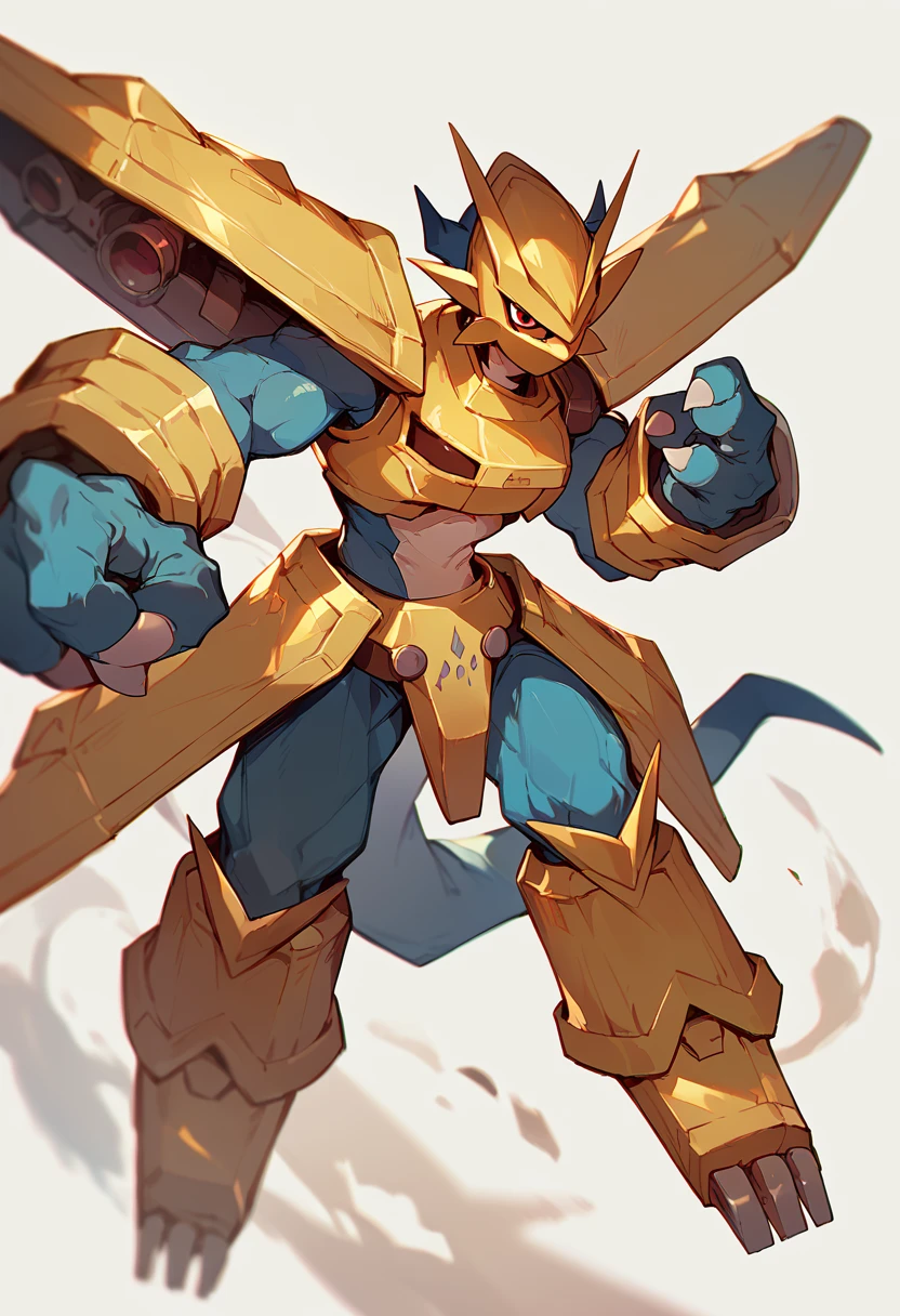 score_9, score_8_up, score_7_up, score_6_up, source_furry, solo, blurred background, dof,  full-length portrait, white background,  <lora:DIGIMON_MAGNAMON:1> magnamon, golden armor, red eyes, blue body