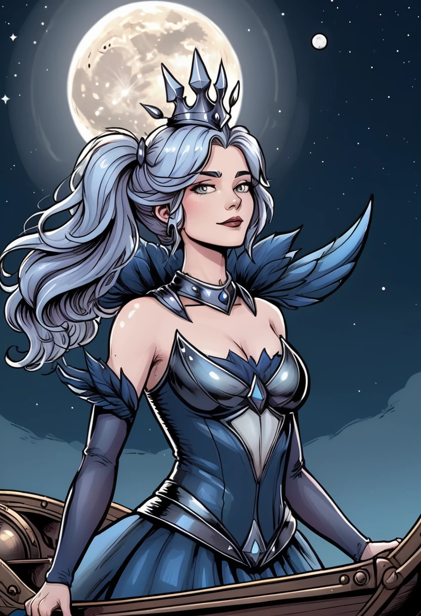 darklux wearing her crown, standing in an airship, with the rising moon in the background, comic book style,delicate lines,beautiful portrayal,high resolution 4k,ink pen cartoon <lora:Elementalist_Lux_Dark_-_SDXL:0.7>