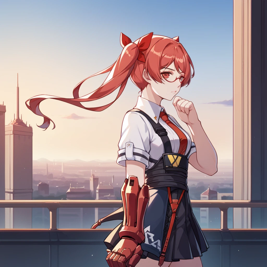 score_9_up, score_8_up, score_7_up, source_anime, masterpiece, best quality, 1girl, solo, Tesla, Tes_EVA, on rooftop, standing, from side, pensive, hand on own chind, thinking, twintails, single mechanical arm, red glasses, red-framed eyewear, red hair, collared shirt, white shirt, pleated skirt, short sleeves, suspenders, black skirt, red necktie, black gloves, mismatched gloves, black thighhighs, thighs, thigh boots, hair ribbon, red ribbon, mature body, dynamic cowboy shot, indoors, cityscape background