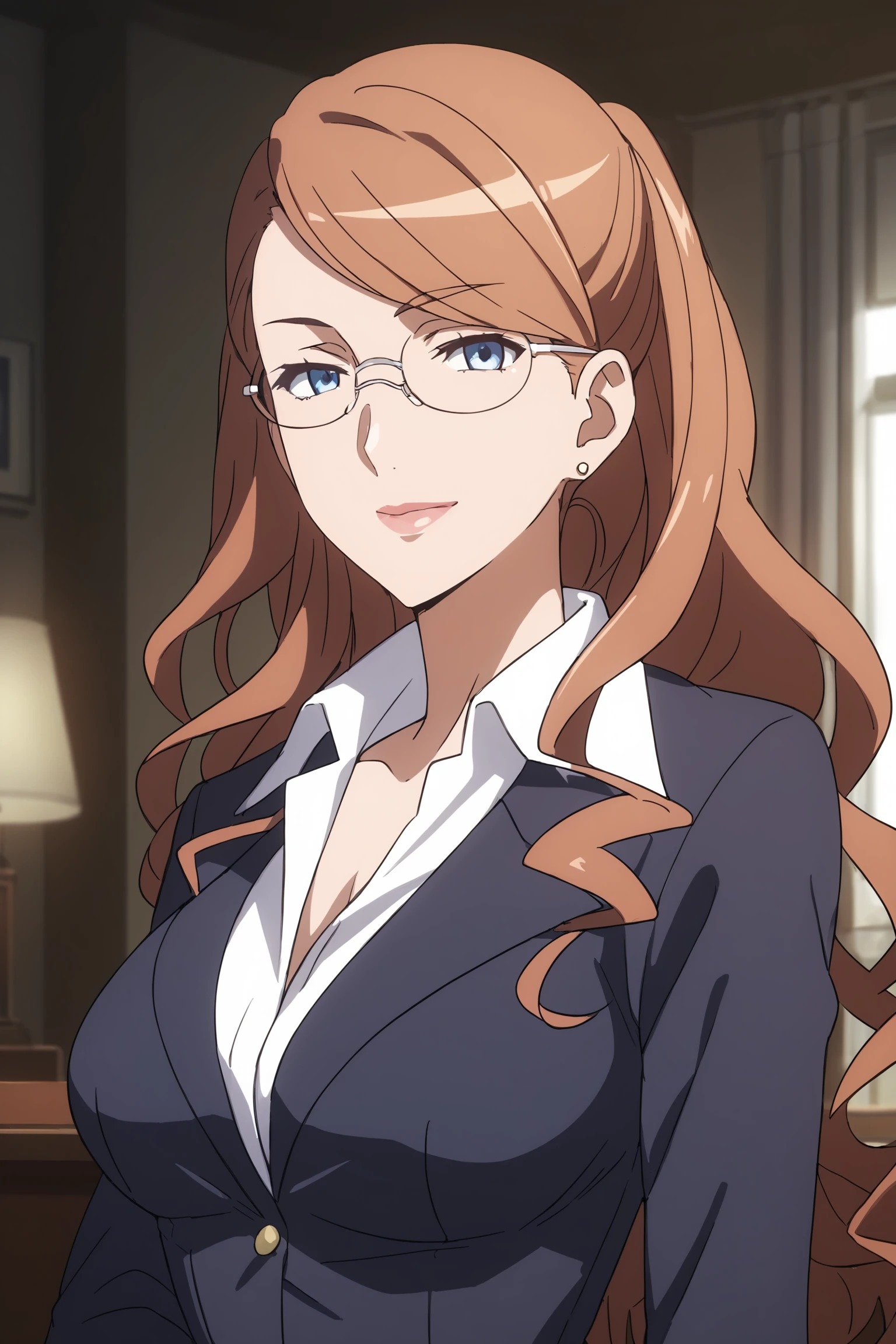 therestina kihara lifeline, brown hair, long hair, wavy hair, blue hair, glasses, thterestinasuit, suit, formal, white shirt, collared shirt, black jacket, black skirt, pencil skirt, brown pantyhose, high heels, <lora:Therestina_Kihara_Lifeline:0.8>, score_9, score_8_up, score_7_up, score_6_up, score_5_up, source_anime, rating_safe, medium breasts, indoors, office, 1girl, solo, looking at viewer,  <lora:age_slider_v4:3>, (upper body:1.2)