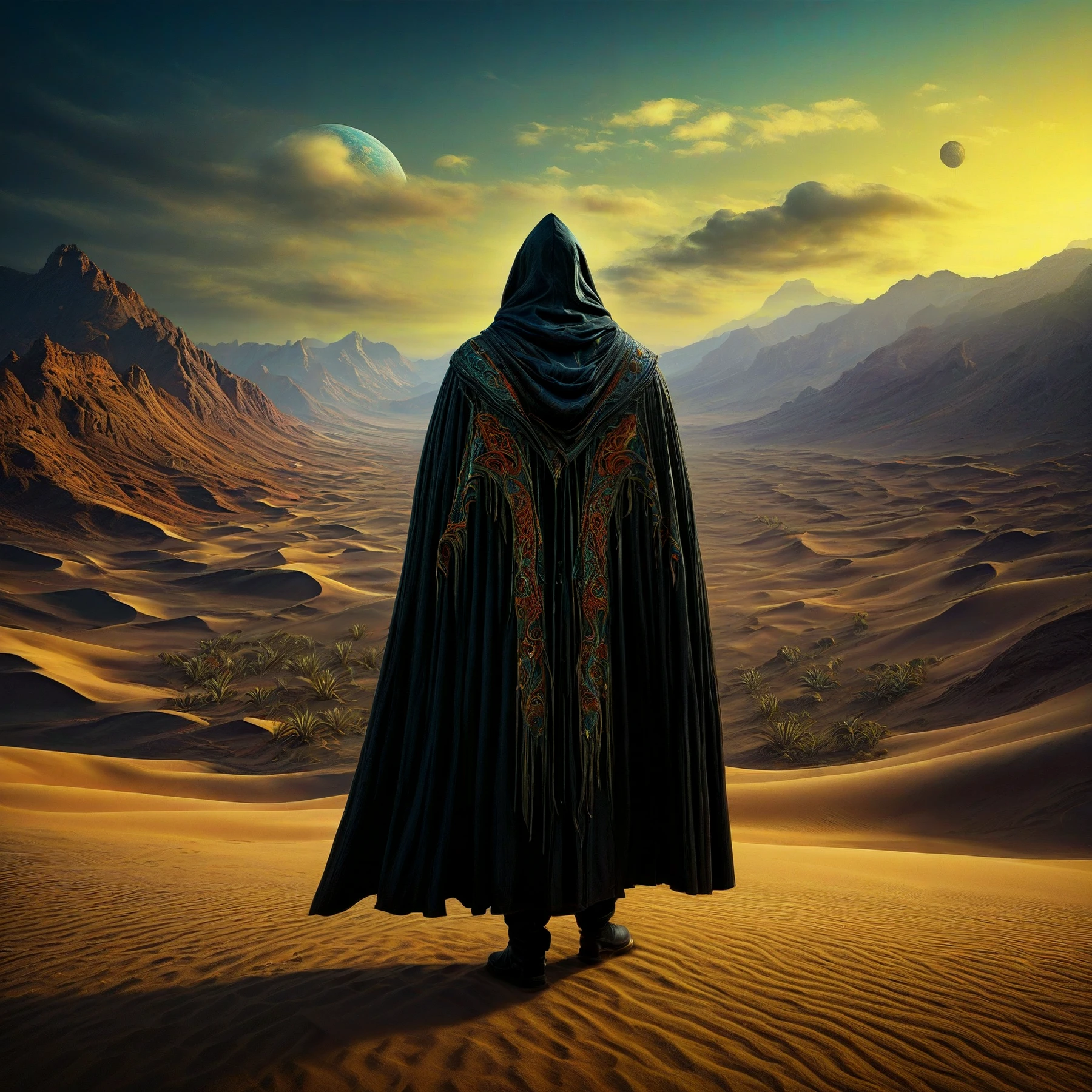 insane detail, amazing lighting, 8K, HDR, vibrant and colorful, masterpiece. RAW Photograph.

Hooded, cloaked, embroidered, intricate. Dark. Desert.

<lora:ImagineMore01_CE_SDXL:1.1> 