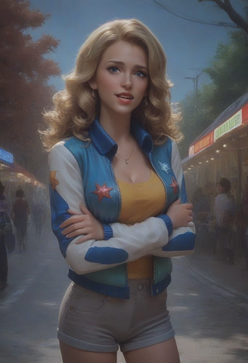 score_9, score_8_up, score_7_up, a girl with blonde curly hair, 1girl, standing, crossed arms, 80s style arcade, video games, excited look, self assured, looking at viewer, colorful bomber jacket, grey shorts, shy look, parted lips, masterpiece, slim figure, petite, pale skin, outdoors, standing in the middle of a busy street, downtown nyc, blue sky, trees, side lighting, warm lights, by loish