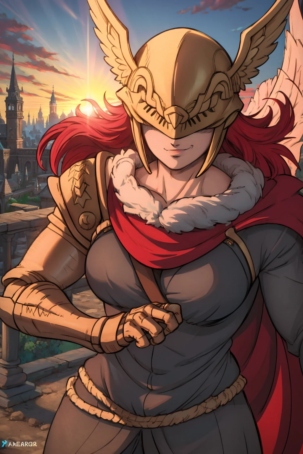 Best_QualityPos, RAW photo, intricate details, best quality, 8k uhd, soft lighting, 1girl, solo, malenia_phase_1, armor, helmet, winged helmet, long hair, cape, gauntlets, red hair, red cape, feathers, sword, holding, holding sword, sunset, looking at viewer, evil smile, toned, abs, pov, dbs_bs <lora:mouth_slider_v1:-3> <lora:Malenia_Phase_1:0.6> <lora:Dragon_Ball_Super_Broly_Style_Last:0.8>