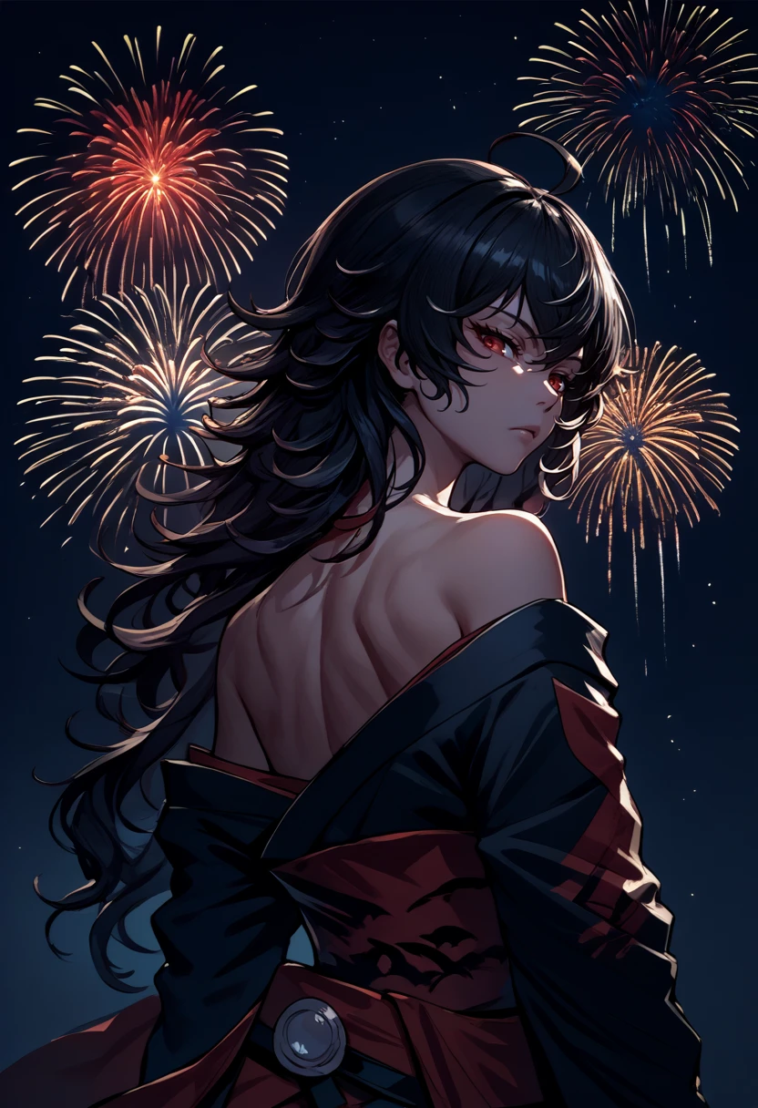 score_9, score_8_up, score_7_up, source_anime, from behind, solo, 1girl, ravenbranwen, expressionless, looking back, long hair, black hair, ahoge, red eyes, japanese clothes, black kimono, off shoulder, red sash, bare shoulders, fireworks <lora:rwby_ravenbranwen_ponyXL:1>