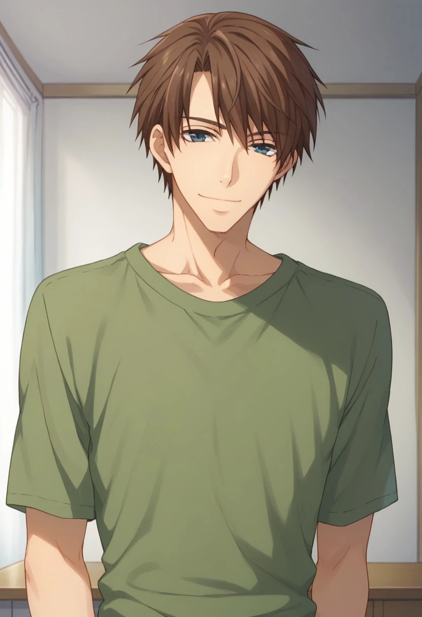 score_9, score_8_up, score_7_up, source_anime, highly detailed, 
hatori, 1boy, male focus, solo, brown hair, smile, shirt, indoors, looking at viewer,
green shirt, collarbone, closed mouth, blue eyes,