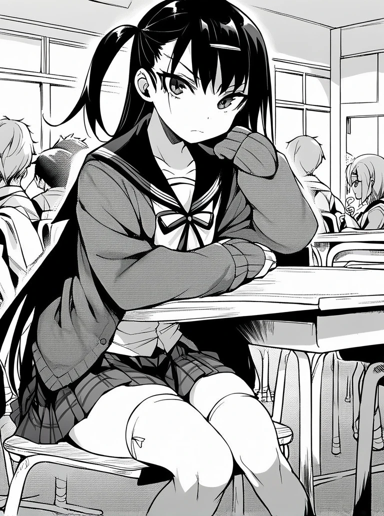 score_9, score_8_up, score_7_up, 
1girl, himeno leona, long hair, black hair, one side up, 

monochrome, school uniform, cardigan, neck ribbon, serafuku, plaid skirt, sitting, classroom, frown, looking at viewer, thighhighs,