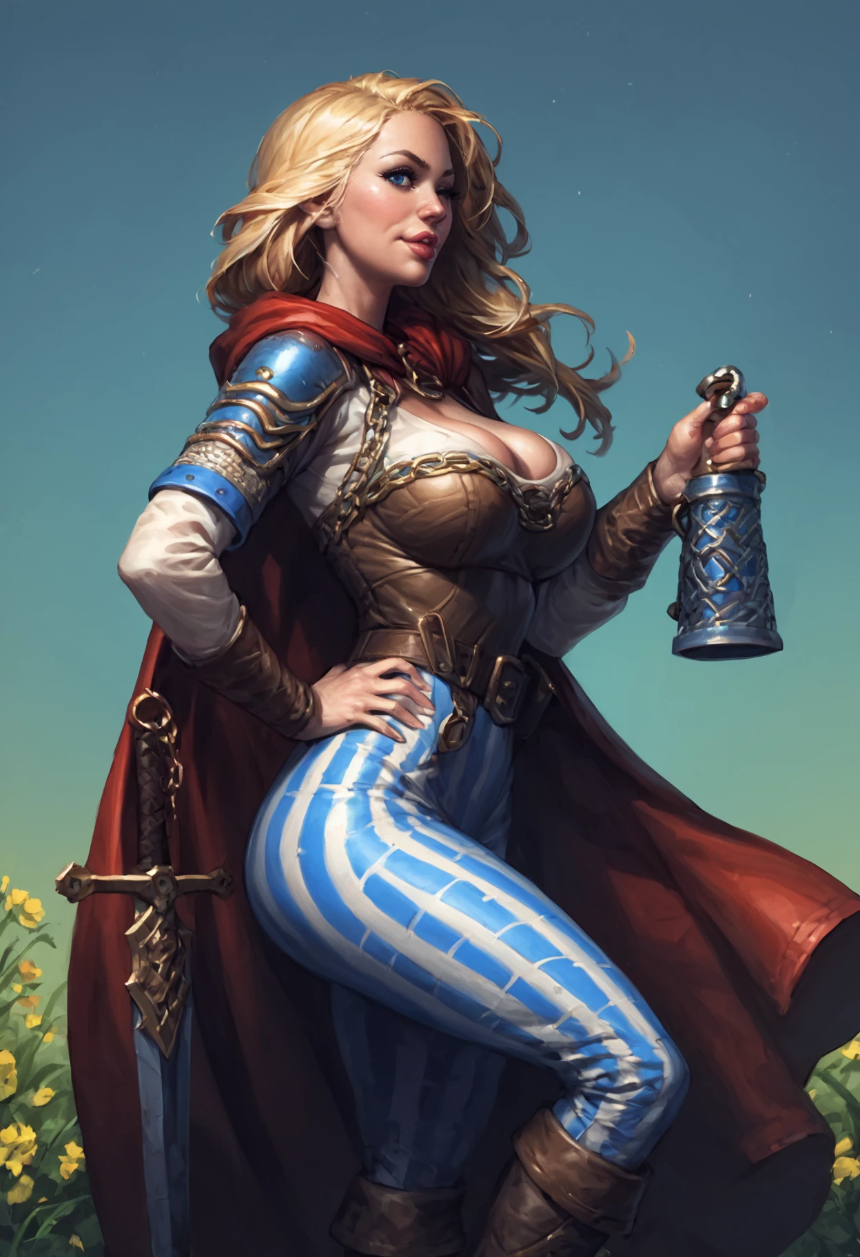 score_9, score_8_up, score_8_up, solo shot, simple background, source_cartoon, illustration, side view, 1girl, f3lix, blonde hair, long hair, blue eyes, red cape, broadsword, holding a tankard of ale, foamy ale, one hand up, one hand on hip, wide stance, shoulder armor, chainmail shirt, striped pants, blue and white pants, belt, boots, large breasts, cleavage, big ass, happy smile, winking, pouting lips, happy, field of view, depth, volumetric lighting, dynamic action, lips, deep skin <lora:add-detail-xl:.4> <lora:HerrscherAGGA2024_TF_Style_V1:.6> <lora:Penis Size_alpha1.0_rank4_noxattn_last:0> <lora:FlintsSemiRealStyle-10:.35> <lora:Gotrek_and_Felix-10:1>