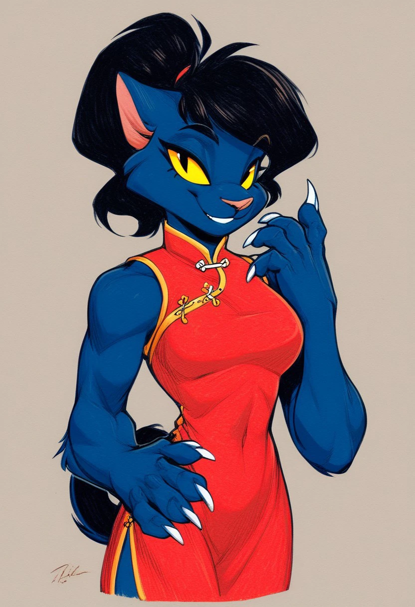 score_9, score_8_up, score_7_up, score_6_up, score_5_up, score_4_up,High resolution,High quality, darkekatt, 1girl, solo,dark-blue fur, black hair, yellow sclera, cat iris,natural breasts, claws on hands,natural hips, BREAK, traditional chinese dress, red dress, smile,