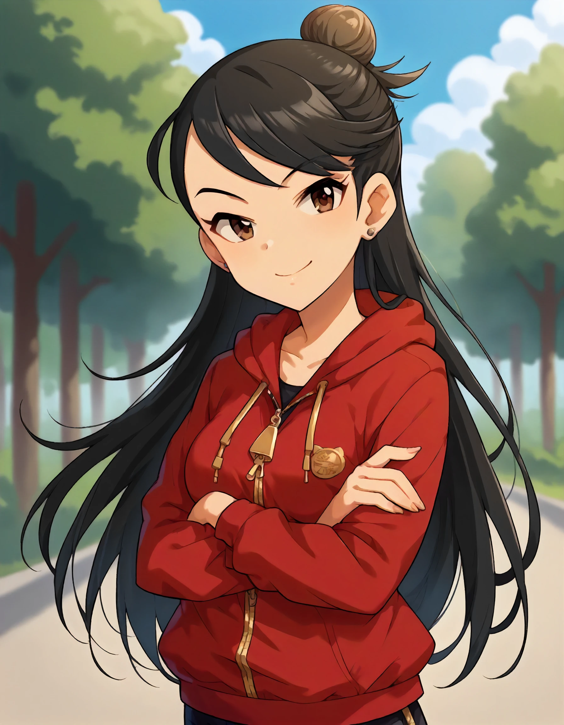 score_9,score_8_up,score_7_up,1girl,solo,cowboy shot,looking at viewer,smile,crossed arms,outdoors,
<lora:kirinoaya_ponyXLV6:0.8>,cgkray,black hair,long hair,single hair bun,brown eyes,
stud earrings,red hoodie,(black shirt:0.7),zipper