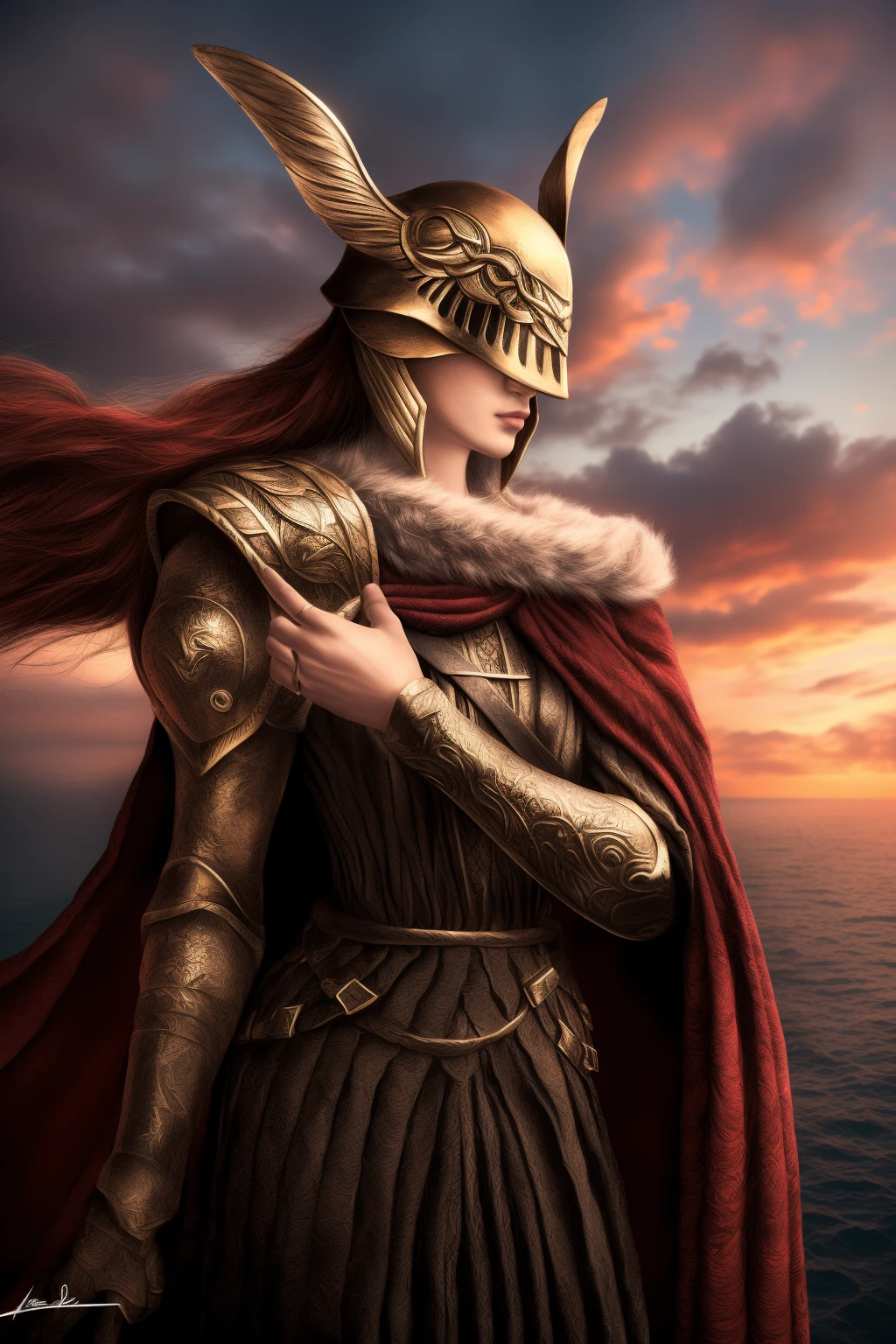 Best_QualityPos, RAW photo, intricate details, best quality, 8k uhd, soft lighting, 1girl, solo, malenia_phase_1, armor, helmet, long hair, cape, gauntlets, red hair, red cape, horns, feathers, sword, holding, holding sword, sunset <lora:mouth_slider_v1:-3> <lora:Malenia_Phase_1:0.7>