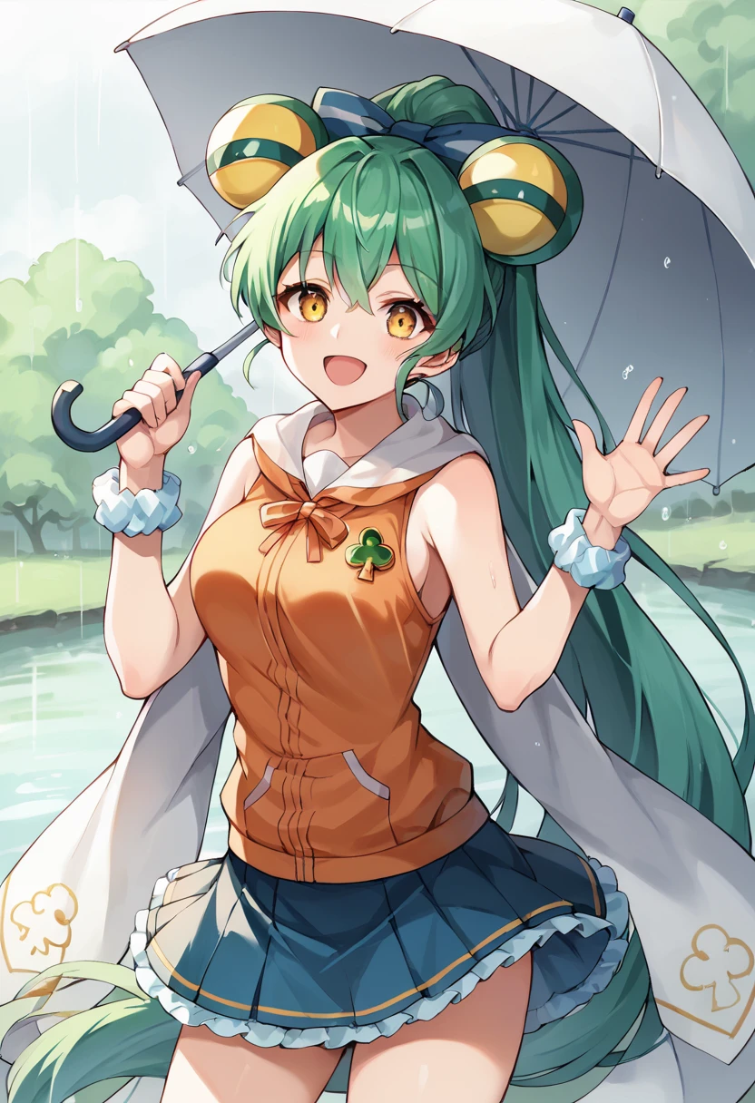 score_9,score_8_up,score_7_up,score_6_up,score_5_up,best quality,source_anime,1girl,solo,little_girl,jacklyn_(show_by_rock!!),very long hair,green hair,yellow eyes,ponytail,hair bow,orange hoodie,bow,sleeveless,wrist scrunchie,skirt,<lora:jacklynSB69:1>,kind_smile,open mouth,lake,in summer,cowboy_shot,looking_at_viewer,white cape,holding_umbrella,rainy days,rain,dynamic_angle,waving,