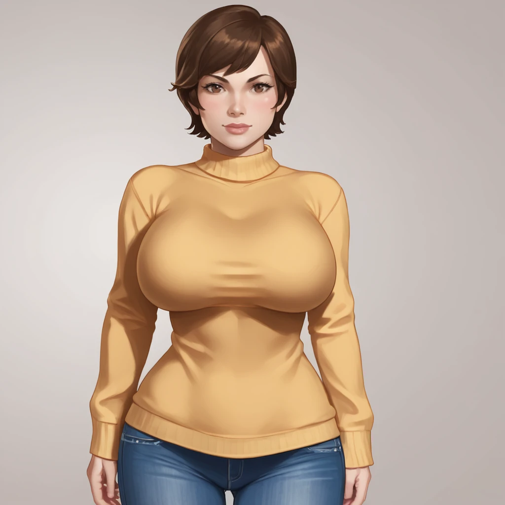 <lora:wasp_pony_v1:1> waspjanet, 1girl, short hair,  brown hair, brown eyes, lips, cowboy shot, giant breasts, sweater, jeans