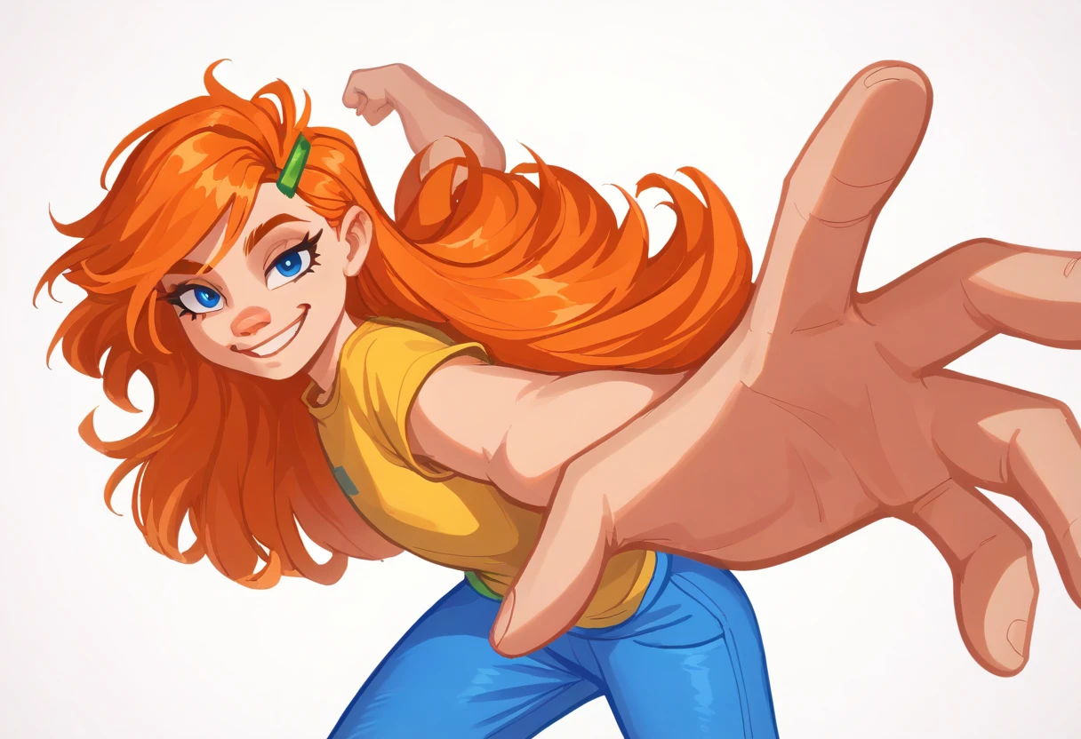 embedding:zPDXL2, rating_safe, source_cartoon, score_9, score_8_up, score_7_up

white background, simple background, 1girl, solo, flat chest, li, incrspunchmeme, incoming punch, looking at viewer, smile,

ril3y, orange hair, long hair, green hairclip, blue eyes, yellow shirt, blue pants