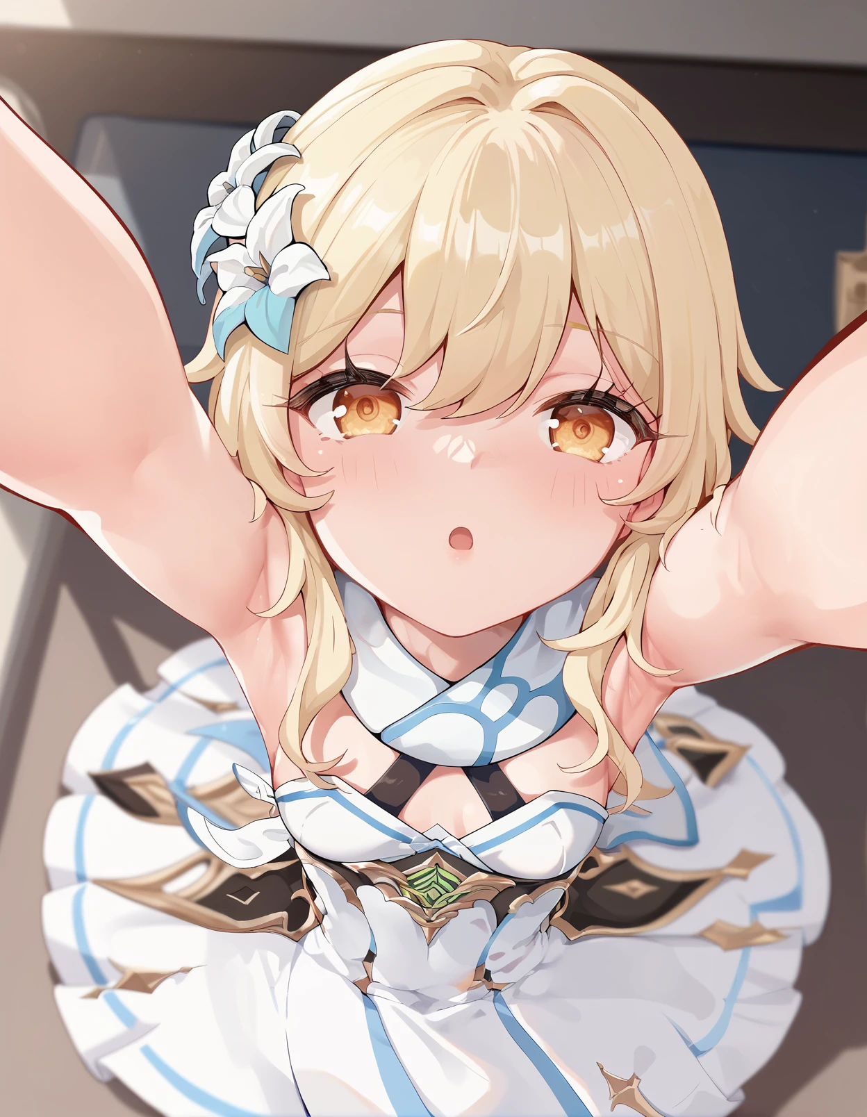 score_9, score_8_up, score_7_up,score_6_up, 1girl,  lumine genshin impact, white dress, blonde hair, hair ornament, arms up, armpits, from above, looking at viewer, outstretched arms, head tilt, blush, open mouth, 
<lora:yosola_style_pony6_v2-000036:1>