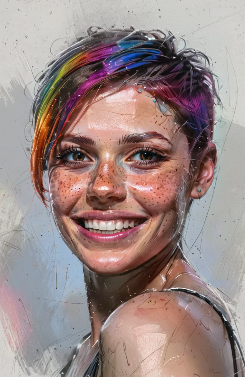 beautiful lady, (freckles), big smile, brown hazel eyes, Short hair, rainbow color hair, dark makeup, hyperdetailed photography, soft light, head and shoulders portrait, cover rough color sketch style, concept design, rough sketch, color sketch, <lora:rough color sketch style:0.8>