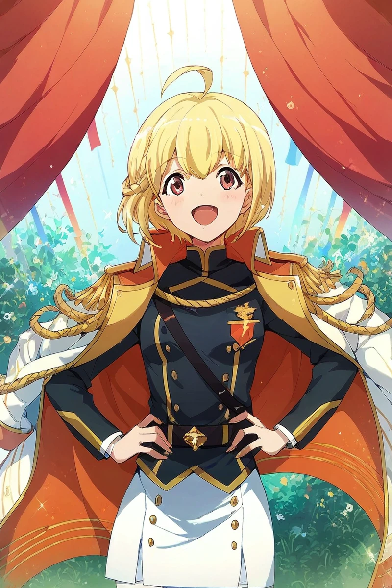 score_9, score_8_up, score_7_up, score_6_up, 1girl, 
<lora:Michiru_Otori:0.9> michiru, blonde hair, ahoge, epaulettes, jacket, white skirt, hands on hips, happy, stage outfit, color lights, ((red curtain)),