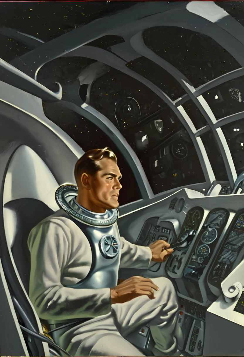 a painting, a man, wearing a silver jumpsuit, sitting at the controls of his rocketship, science fiction, scifi, by Earle Bergey