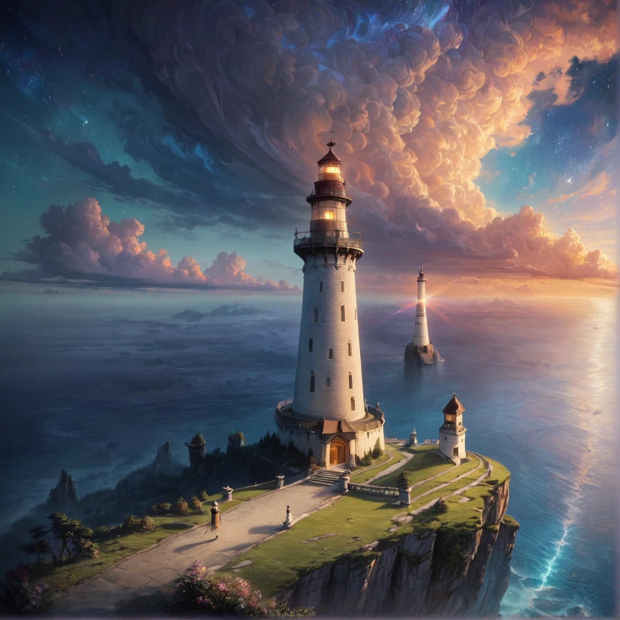 ethereal fantasy concept art of  Hyperrealistic art, 1girl, ethereal fantasy concept art of (a lone wanderer from a faraway land approaches a tall and ancient lighthouse with a bright piercing light:1.1), (that is high up on a lonely cliff overlooking the ocean: 1.1), (during a storm:1.1), (during sunset: 1.1),<lora:Epic_Landscapes-Pony:0.7>, high quality, highres, masterpiece, best quality, 8k, intricate, detailed, BREAK score_9, score_8_up, score_7_up, best quality, masterpiece, 4k, uncensored, prefect lighting, rating_explicit, very aesthetic, anime, zPDXL2  . magnificent, celestial, ethereal, painterly, epic, majestic, magical, fantasy art, cover art, dreamy