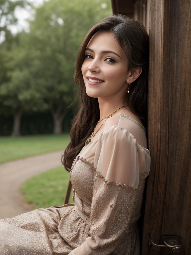 (RAW, analogue, Nikon Z 14mm ultra-wide angle lens, award-winning glamour photograph, ((best quality)), ((masterpiece)), ((realistic)), skin pores, subsurface scattering, radiant light rays, high-res, detailed facial features, high detail, sharp focus, smooth, aesthetic, extremely detailed, (extremely detailed eyes, extremely detailed iris), extremely detailed hair, extremely detailed skin, extremely detailed clothes, octane render, photorealistic, realistic, post-processing, max detail, realistic shadows, roughness, natural skin texture, real life, ultra-realistic, photorealism, photography, 8k UHD, photography, hdr, intricate, elegant, highly detailed, sharp focus, stunning, beautiful, gorgeous), (photorealistic), (realistic), it41i4, full body, brown hair, brown eyes, looking at viewer, Victorian hairstyle, Victorian dress, jewelry, necklace, earrings, smile, outdoors, horse, carriage, grassy hills, oak tree, fog, <lora:Italia_Ricci_PMv1b_LoCon_768:1.3>