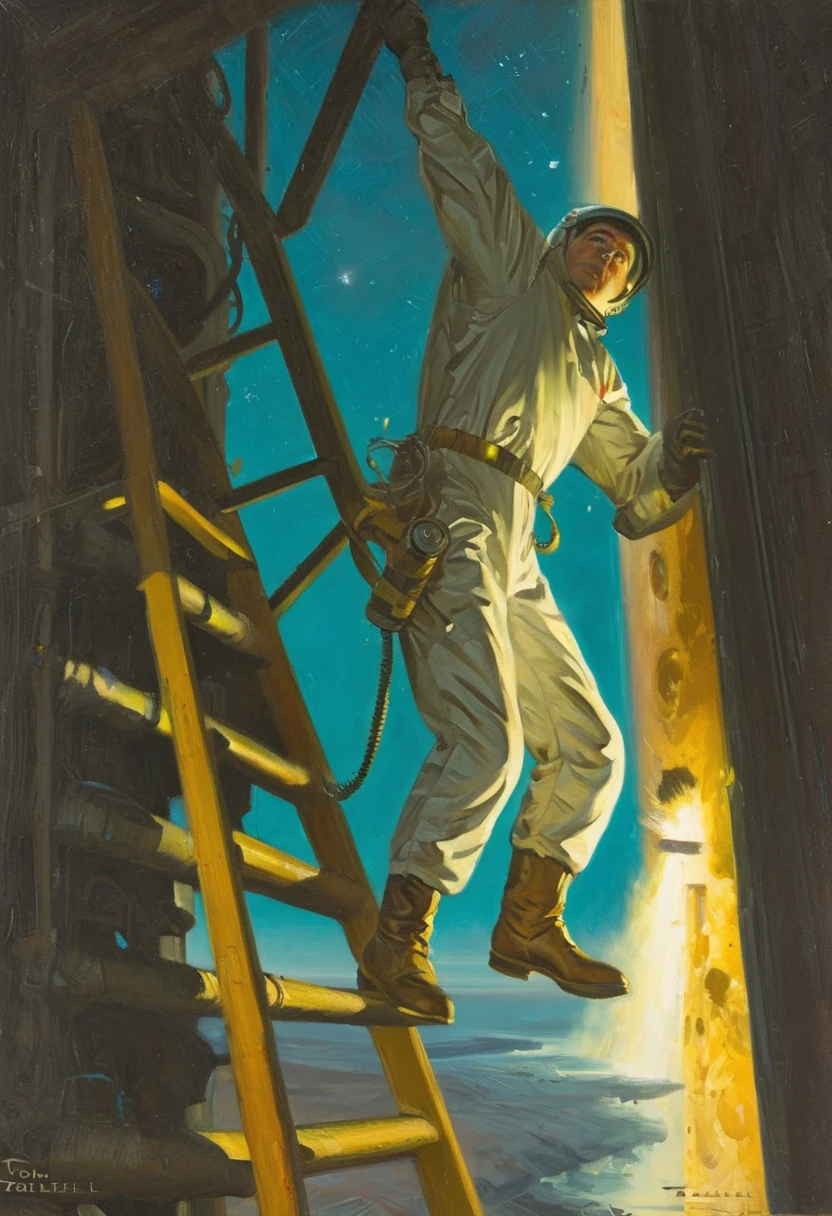 a painting, by Tom Lovell, a man wearing a futuristic jumpsuit climbing a ladder to a rocketship, science fiction, scifi, highly detailed