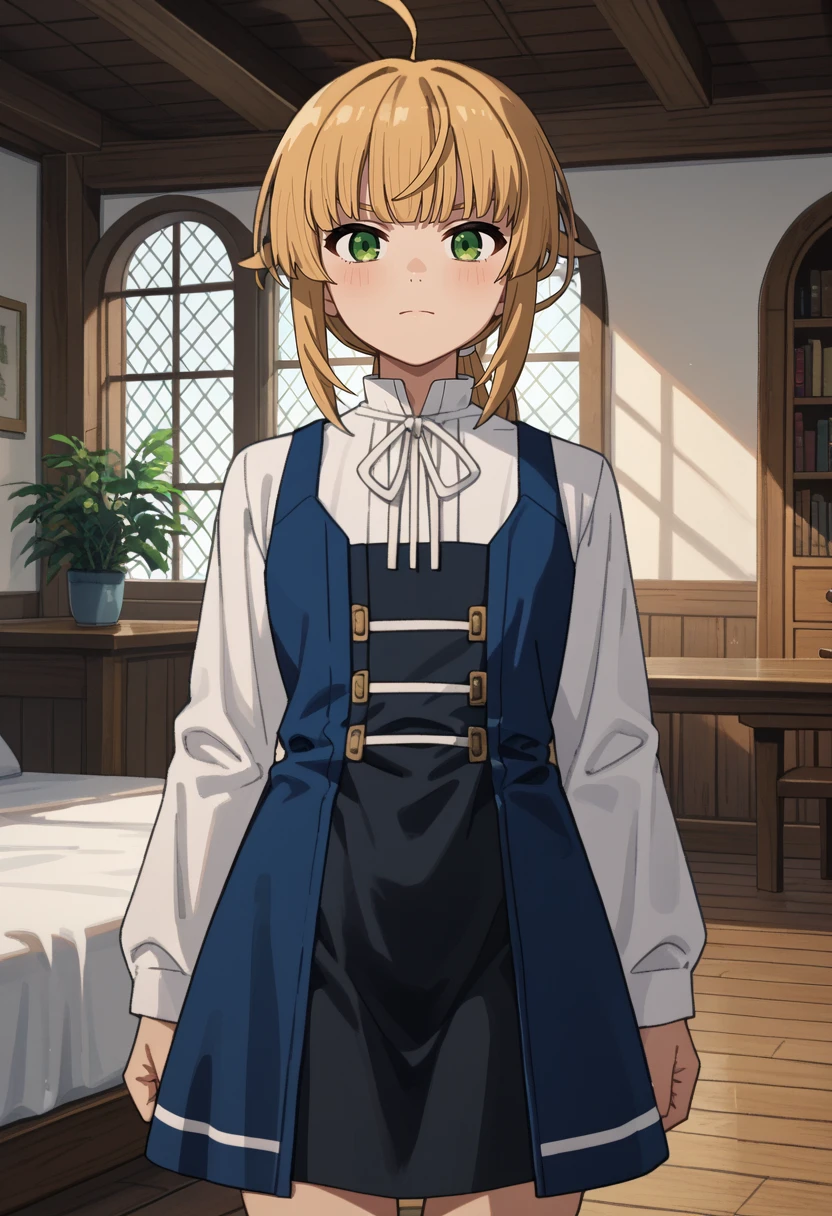 score_9,
<lora:MushokuTensei_NornGreyratXL:0.8>, NornGreyrat,
1girl, solo, closed mouth,
blonde hair, green eyes, ahoge, low ponytail,
NornHome, white shirt, pinafore dress, blue dress, black dress, neck ribbon, white ribbon, long sleeves, 
standing, looking at viewer, thigh gap,
indoors, wood